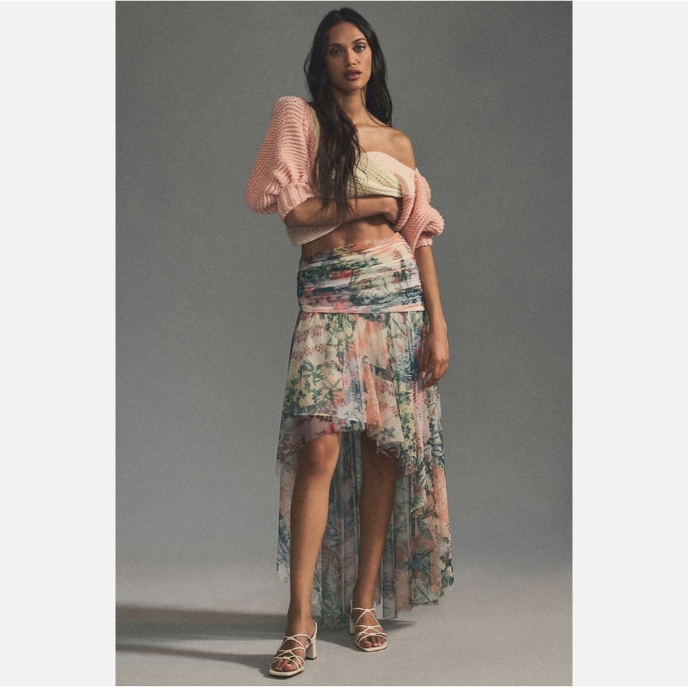 Anthropologie High-Low Tulle Maxi Skirt Floral Mesh Pink Green